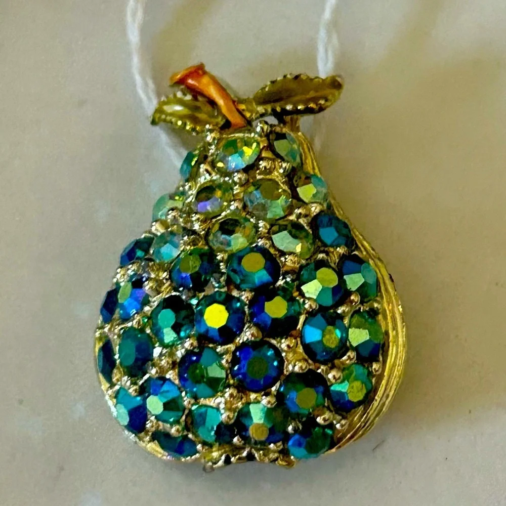 NWT Pear Fruit Gold Brooch Turquoise Blue and Green Rhinestones Unique Handmade